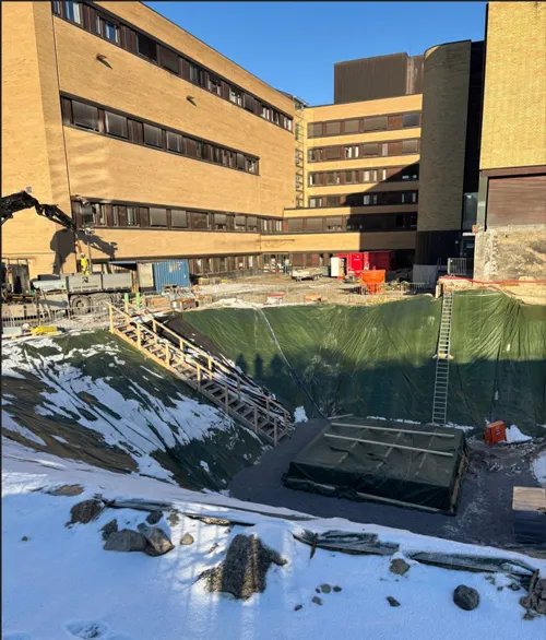 A building with a pool of water